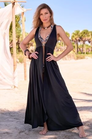 Gold Trim Maxi Coverup Black